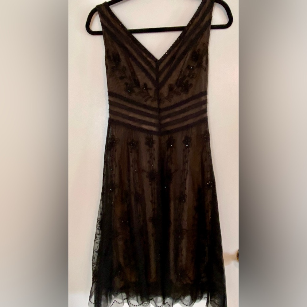 BCBG Black  Lace Maxi Dress with nude slip Beautiful beaded flower design